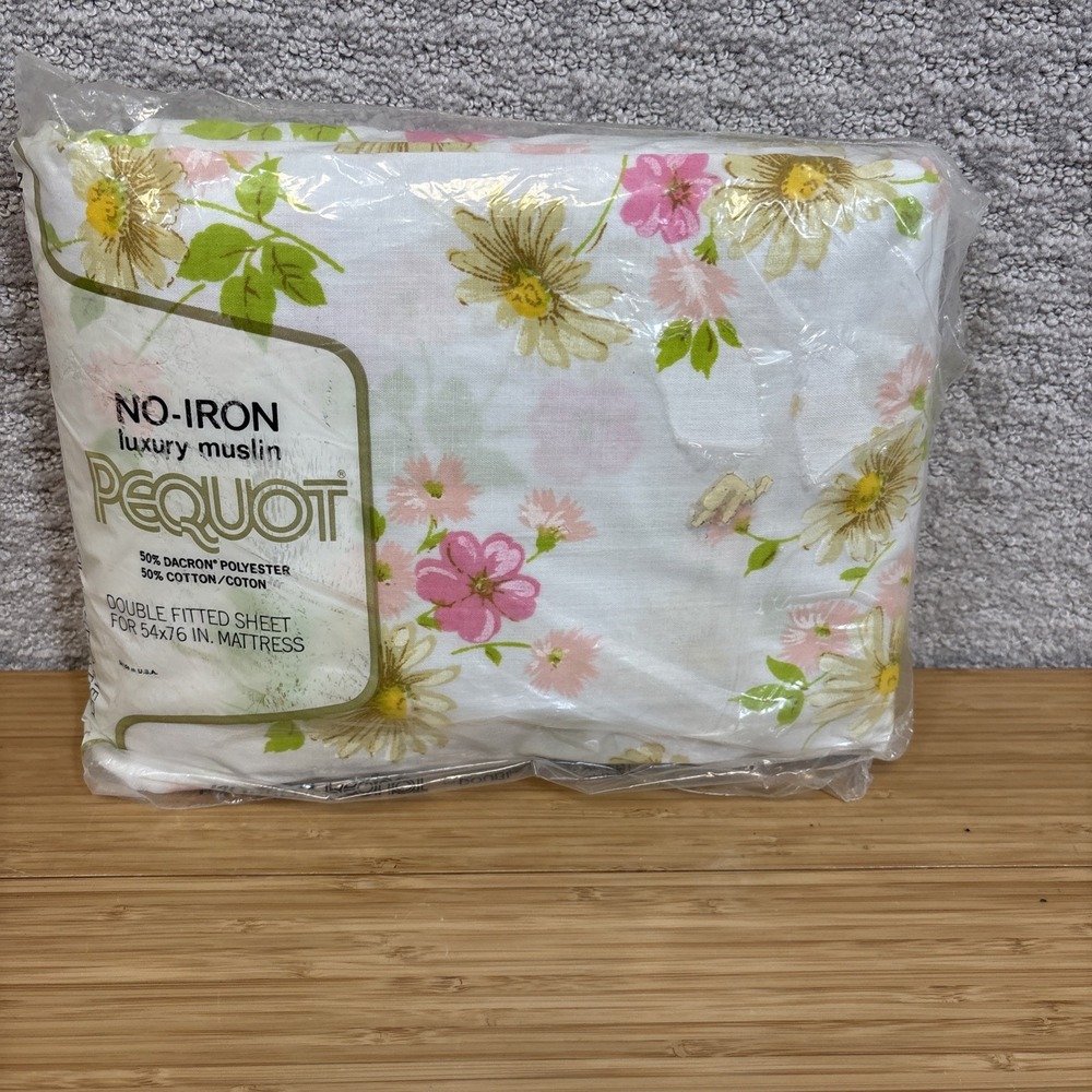 Vtg Pequot No Iron Double Fitted Bed Sheet Pink Yellow Floral 54X76 Mattress NEW
